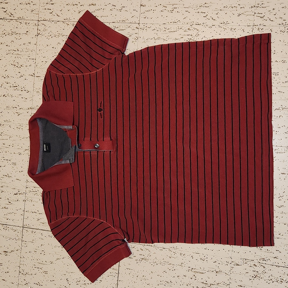 Hugo Boss Red & Black Stripe Logo Slim Fit 1/4 Button Down Casual Polo Shirt